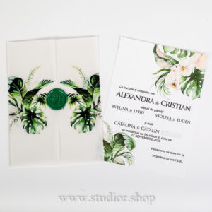Invitatie handmade, orhidee, sigiliu, calc