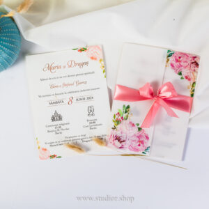 Invitatie handmade florala cu fundita